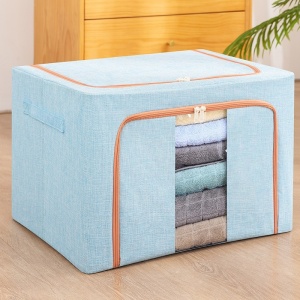 Cutie de Depozitare Pliabila, Flippy, 66 L, din Bumbac si In, 50x40x33 cm, Fereastra Frontala, 2 Usi de Acces cu Fermoar Bidirectional, Cadru Metalic, Suport Baza Stabil din Plastic, Bleu - Img 1