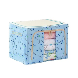 Cutie de Depozitare Pliabila, Flippy, 66 L, din Tesatura Oxford, 50x40x33 cm, Fereastra Frontala, 2 Usi de Acces cu Fermoar Bidirectional, Cadru Metalic, Suport Baza Stabil din Plastic, Imprimeu Cirese, Albastru - Img 3