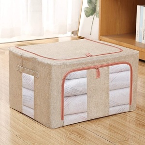 Cutie de depozitare pliabila, Flippy, Cu fermoar, 100 L, Textil, 60x42x40 cm, Cadru Metalic, Suport Baza Stabil din Plastic, Crem cu Doua Ferestre - Img 4