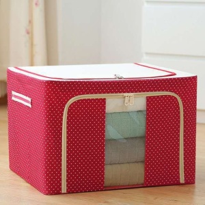 Cutie de Depozitare Pliabila, Flippy, cu Fermoar, 100 L, Textil, 60x42x40 cm, O Fereastra, Cadru Metalic, Suport Baza Stabil din Plastic, imprimeu punctat, Rosu - Img 5