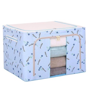 Cutie de Depozitare Pliabila, Flippy, Cu Fermoar, 66 L, Textil, 50x40x33 cm, cu 2 Ferestre, Cadru Metalic, Suport Baza Stabil din Plastic, Imprimeu Cirese, Albastru - Img 6