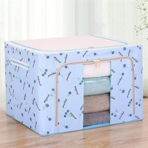 Cutie de Depozitare Pliabila, Flippy, Cu Fermoar, 66 L, Textil, 50x40x33 cm, cu 2 Ferestre, Cadru Metalic, Suport Baza Stabil din Plastic, Imprimeu Cirese, Albastru - Img 1