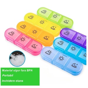 Cutie Depozitare Medicamente, Flippy, 7 Zile, 21 Compartimente, Cutie Suport, Recipiente Detasabile, Portabila, Multicolor, Cutie Transparenta, 15.6x12 cm - Img 3