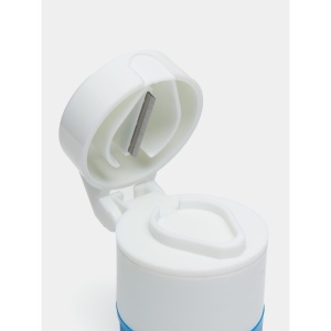 Cutie Pastile Multifunctionala, Flippy, 4 in 1, Pahar Apa, Taiere, Sfaramare, Depozitare, Compact, ABS cu Lama din Inox, Alb/Albastru, 8.7x6.2x4.1 cm - Img 5