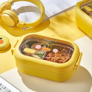 Cutie pentru Pranz sau Gustari, Flippy, cu Doua Compartimente, Model Ratusca, pentru Copii si Adulti, Etansare, PP, Perfect pentru Scoala si Birou, 1000 mL, 22.5x14.5x8 cm, Galben - Img 2