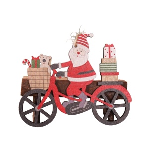 Decoratiune de Craciun din Lemn, Flippy, cu Snur pentru Agatare in Brad, Model Mos Craciun pe Bicicleta, 10.3x11.5x0.5 cm, Multicolor - Img 1