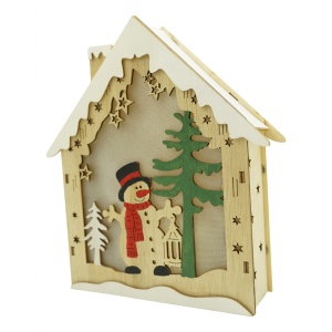 Decoratiune luminoasa, model de Casa cu Om de zapada, maro, lungime: 18 cm, latime: 5 cm, inaltime: 21 cm, lemn, interior/exterior - Img 1
