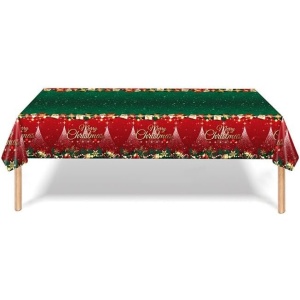 Fata de Masa Festiva, Flippy, Dreptunghiulara, Imprimeu Merry Christmas, Tema Craciun, Rezistenta la Apa, din PVC, 137 x 274 cm, Rosu/Verde - Img 2