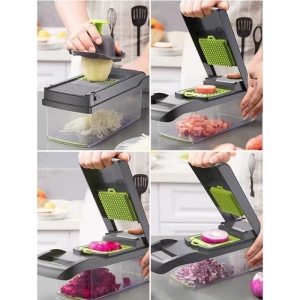 Feliator Multifunctional, Flippy, Razatoare, 8 in 1, pentru Fructe si Legume, 10 Piese, Lame de Inox, Recipient Stocare, Separator Oua, Protectie Mana, ABS, 32.2x11.3 cm, Verde/Gri - Img 5