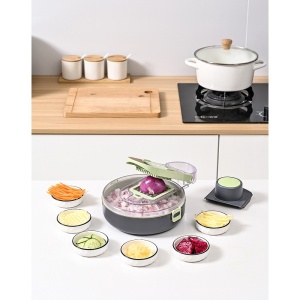 Feliator Multifunctional, Flippy, Razatoare, 8 in 1, pentru Fructe si Legume, 12 Piese, Lame de Inox, Recipient Stocare, Separator Oua, Protectie Mana, ABS, Gri/Verde, 29.5x9x21.8 cm - Img 6