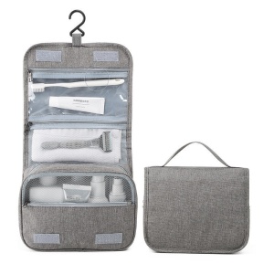 Geanta cosmetice voiaj, Flippy, material panza, impermeabil, 3 compartimente, cu agatatoare, Gri, 47 x 28 x 20 cm - Img 7