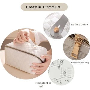 Geanta de Calatorie Flippy, Pentru Cosmetice, Portabila, Impermeabila, din Piele Ecologica, Compartimente Multiple, cu Fermoar, 22 x 13 x 12.5 cm, In Carouri, Crem - Img 3