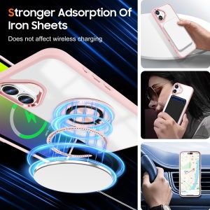 Husa de Protectie TPU, Flippy, pentru iPhone 16 Plus, Anticadere, cu Incarcare Wireless, Tehnologie Magsafe, Inel Magnetic Rotativ cu Functie de Suport, Transparent-Roz - Img 4