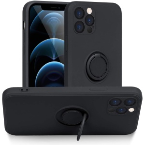 Husa protectie Flippy compatibila cu Apple iPhone 12 Pro Liquid Silicone Ring cu suport rotativ Negru - Img 1