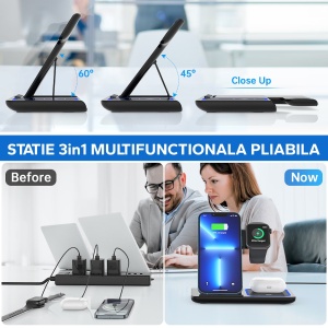 Incarcator Wireless Flippy, Statie Incarcare 3 In 1 Qi Fast Charger 15W, Incarcare Rapida, Compatibil Cu Apple Watch Toate Seriile Airpods Toate Modele si Iphone Android Samsung Huawei Xiaomi, Quick Charge, Negru - Img 3