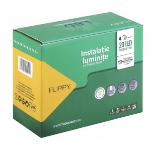Instalatie Craciun, 5 metri, 20 de LED-uri cu ornament tip Bulb, 8 jocuri de lumini alb cald, cu energie solara, liniar, cablu verde, interior/exterior, Flippy - Img 1