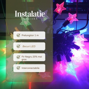 Instalatie de Craciun Liniara RGRB Yoto, 10 m, din care 1 m Prelungitor 220V, 40 LED, Model Stelute, Utilizare Interior/Exterior, Interconectabila, Fir Negru, multicolor - Img 2