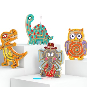 Joc Montessori cu Bile, Flippy, Creion Magnetic, Tip Labirint, din Lemn, Model Tiranozaur, 21x18 cm, Portocaliu - Img 2