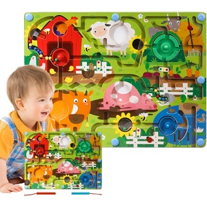Joc Montessori de Sortare Culori, Flippy, Creion Magnetic, Tip Labirint Ilustrat, din Lemn, Model Ferma, 39x29x1.5 cm - Img 4