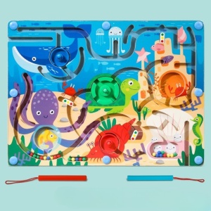 Joc Montessori de Sortare Culori, Flippy, Creion Magnetic, Tip Labirint Ilustrat, din Lemn, Model Animale Marine, 39x29x1.5 cm - Img 4