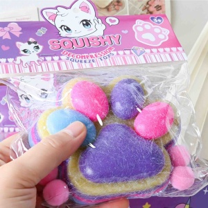 Jucarie Antistres Squishy, Flippy, cu Revenire Lenta, Model Labuta de Pisica Pufoasa, 12.5x10.5 cm, 220g, Squeeze Pinch Family, Ambalaj Transparent, Mov-Multicolor - Img 7