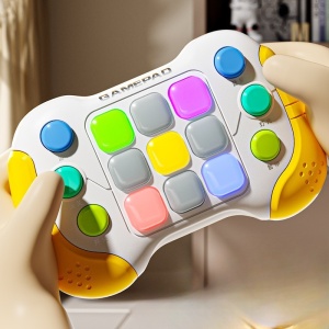 Jucarie Interactiva Flippy, Tip Consola Pop It, 6 butoane functionale, 5 Moduri de Joc, 600 Niveluri, + 3 ani, Galben/Gri - Img 3