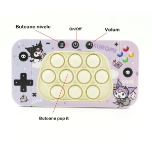 Jucarie interactiva tip consola pentru copii Flippy, speed push whack-a-mole, joc de viteza pop it, material ABS/silicon, cu nivele, sunete si lumini, 15.5 x 7.6 x 5.3 cm, model elfi, mov - Img 6