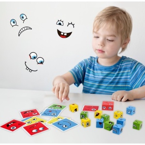 Jucarie Pentru Copii Montessori Flippy, Cub din Lemn, Asamblare Fete, 64 de Carti Distractive, Clepsidra si Clopotel inclus, pentru Baieti si Fete, Varsta +3 ani, Educativ, Cutie din carton, 21 x 21 x 5.5 cm, multicolor - Img 10