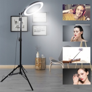 Lampa LED Circulara cu Trepied Metalic Extensibil, Flippy, Rotativa 360 de Grade, Lungime Extensie 210 cm, Diametru Lampa 26 cm, Conectare USB, Telecomanda, 3 Trepte de Lumina, Negru - Img 11