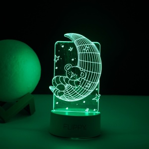 Lampa LED decorativa, Flippy, 3D, Ursulet si Semiluna, cu telecomanda, doua moduri de alimentare USB si baterii, 20 cm inaltime, din material acril si lumina multicolora, alb - Img 3