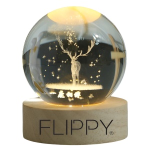 Lampa LED Decorativa, Flippy, cu Bila de Cristal cu Diametru 6cm, Model Cerb 3D, Alimentare USB, Suport din Lemn, Lumina Alb Cald - Img 1