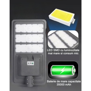 Lampa solara stradala Flippy, IP65, senzor de lumina, 306 LED-uri SMD, 3000 lm, panou 40W, putere 300W, autonomie 12-16 ore, telecomanda, montare prin fixare, pentru strada sau gradina, finisaj mat, material ABS, 70.3 x 36.5 x8.7 cm, lumina alb rece, gri - Img 2
