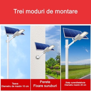 Lampa solara stradala Flippy, IP65, senzor de lumina, 60 LED-uri SMD, 2250 lm, panou 25W, putere 200W, autonomie 12-16 ore, telecomanda, montare prin fixare, pentru strada sau gradina, finisaj mat, material ABS, 51.5 x 21 x 7.5, gri - Img 9