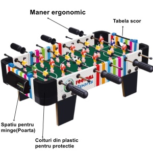 Masa de fotbal cu teren si 18 jucatori Flippy, 6 manere, cu Tablou Scor, din Metal, Lemn si ABS, 51 x 44 x 17.5 cm, cu Picioare, Design Multicolor, pentru copii/adulti - Img 2