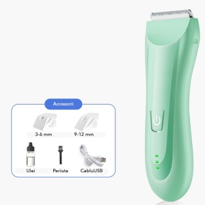 Masina De Tuns Bebelusi si Copii, Flippy, Lame Cermice si Inox, Fara Fir, Functie Anti Taiere, Silentios, 50 W, Rezistent la Apa, 2 Accesorii, Incarcator USB, Verde deschis - Img 2