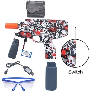 Mitraliera de jucarie electrica Flippy cu bile de hidrogen de gel, gun bluster, tragere in rafala, varsta peste 6 ani, ochelari de protectie, 5000 de bile incluse, cablu de incarcare, 40.1 x 31.6 cm, Mp9, rosu - Img 3