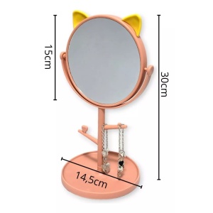 Oglina Cosmetica cu Picior, Flippy, HD, Rotire 360 Grade, 15 cm Diametru, Suport Bijuterii Baza Rotunda + 2 Brate, Model cu Urechi, 31 x 14.5 x 15 cm, din Plastic, Roz/Galben - Img 3