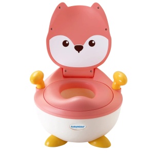 Olita pentru Copii, Flippy, +6 luni, Compartiment Detasabil, cu Capac, Antiderapanta, din Plastic, Colac Moale, Model Animat Vulpe, cu Maner, 34.5 x 35 x 23 cm, Roz/Alb - Img 1