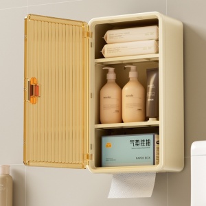 Organizator Cosmetice, Flippy, Montare pe Perete fara Perforare, 36.5x10.9x20 cm, cu 3 Rafturi, din PP si ABS, Bej, Usa Transparenta - Img 7