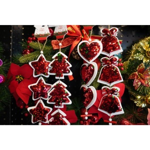 Ornament de brad trei inimi cu paiete, Flippy, rosu, lemn, 36 cm - Img 2