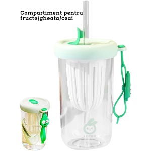 Pahar din silicon, cu capac si pai, pentru copii, Flippy, anti-cadere, compartiment pentru fructe/ceai/gheata, rezistent la temperaturi inalte, 500ml, Verde, 14.5x8.8x20 cm - Img 2