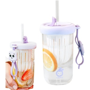 Pahar din silicon, cu capac si pai, pentru copii, Flippy, anti-cadere, compartiment pentru fructe/ceai/gheata, rezistent la temperaturi inalte, 500ml, Mov, 14.5x8.8x20 cm - Img 6