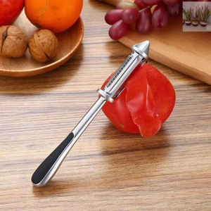 Peeler 2in1 pentru Legume si Fructe, Flippy, Multifunctional, cu 2 Lame de Curatati si Feliat, Varf Ascutit pentru Gaurit, 18 cm, din Otel Inoxidabil, Argintiu/Negru - Img 6