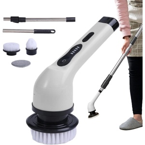 Perie Electrica de Curatare, Flippy, pentru Gresie, Baie, Bucatarie, 25x20x9.5 cm, cu 6 Capete, Maner Extensibil Detasabil 84-127cm, Incarcare USB-Type C, Rotire 360 de Grade, 3000 mAh, Culoare: Alb - Img 3