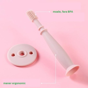 Periuta de Dinti din Silicon pentru Bebelusi, Flippy, fara BPA, 360 Grade, Bariera Anti-Inghitire, Maner Ergonomic, 12.5 x 15 cm, Roz - Img 3