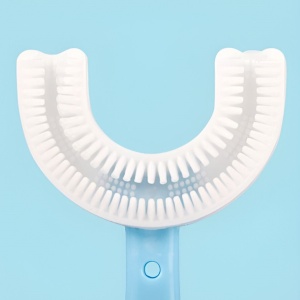 Periuta de Dinti in Forma de U, Flippy, pentru Copii 6-12 ani, Peri Moi, 12 cm, Model Inima, Culoare Albastru - Img 2