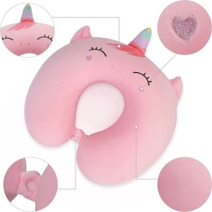 Perna de Calatorie in Forma de U, Flippy, Pentru Gat si Cap, Umplutura din Spuma cu Memorie, 30x30 cm, Model Unicorn, Accesoriu de Voiaj, Birou, Masina, Sistem Prindere Capse, Roz - Img 2