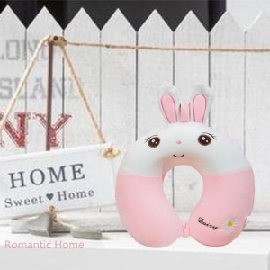 Perna de Calatorie in Forma de U, Flippy, Pentru Gat si Cap, Umplutura din Spuma cu Memorie, 30x30 cm, Model Iepuras, Accesoriu de Voiaj, Birou, Masina, Sistem Prindere Capse, Roz-Alb - Img 3