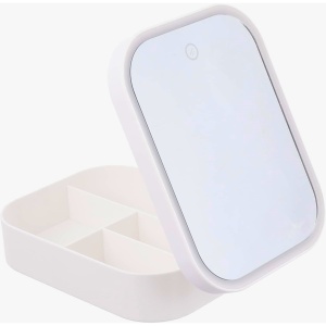Portfard, Flippy, Geanta Cosmetice, cu Oglinda LED, 3 Moduri de Lumina, Incarcare USB, Baterie 1200 mAh, pentru Organizarea Cosmeticelor, 4 Compartimente, Imitatie Piele, Alb, 16.5x11.5x6 cm - Img 1