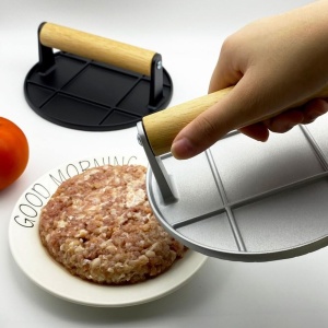 Presa Manuala pentru Carne, Flippy, din Aliaj de Aluminiu, Maner din Lemn, Presa pentru Burgeri, Usor de Curatat si Folosit, Rotunda, 16x16x6 cm, Neagra - Img 9